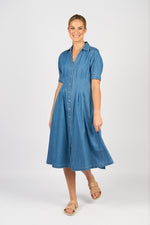 Cap sleeve shaped waist button up dress with pockets