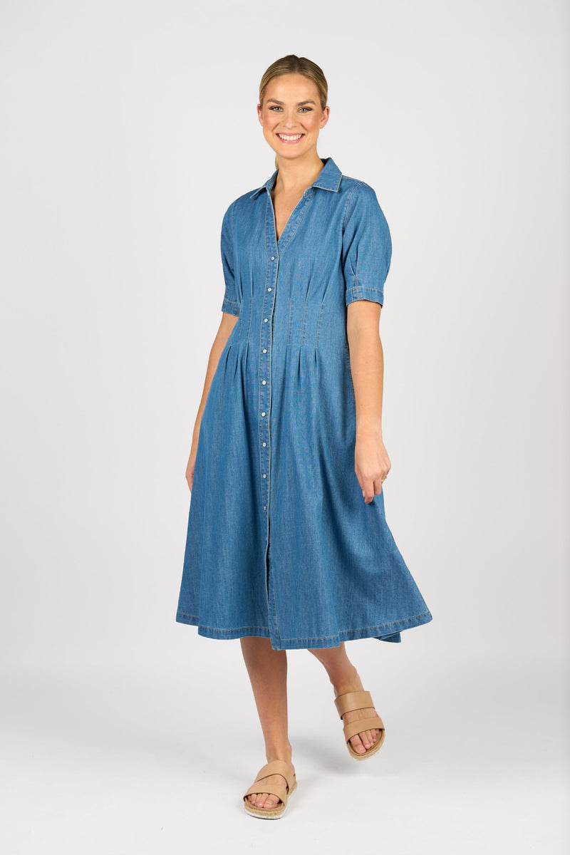 Cap sleeve shaped waist button up dress with pockets