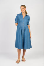 Cap sleeve shaped waist button up dress with pockets