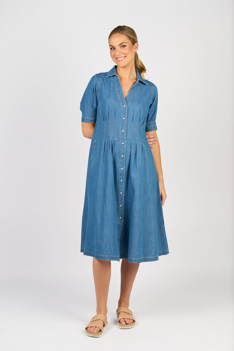 Cap sleeve shaped waist button up dress with pockets