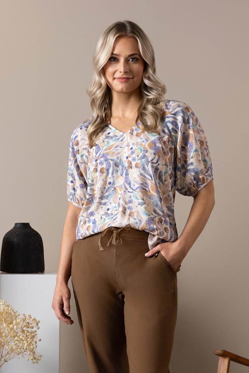Printed V neck top with floaty sleeve amalfi