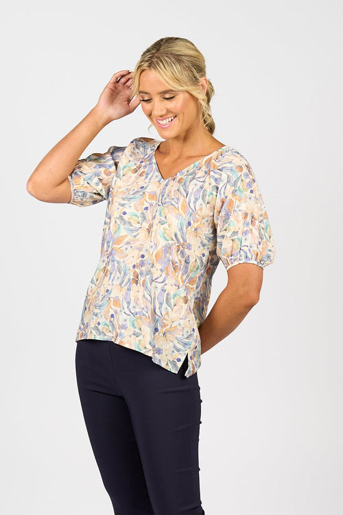 Printed V neck top with floaty sleeve amalfi