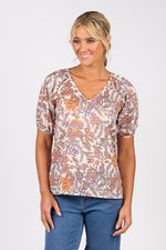 Printed V neck top with floaty sleeve tuscany