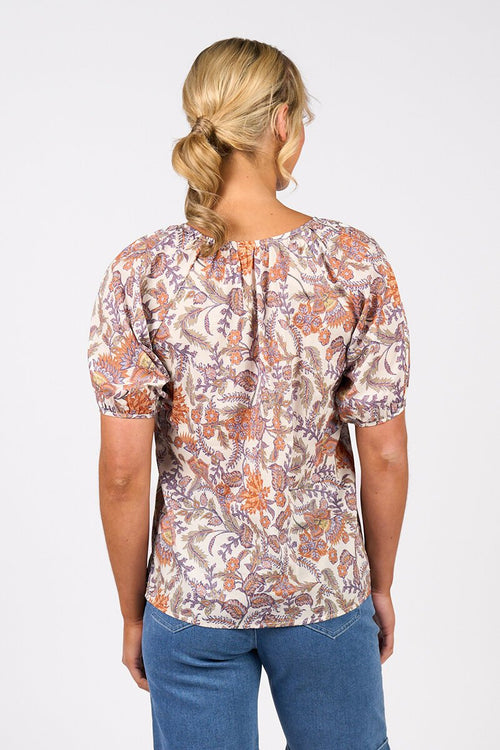 Printed V neck top with floaty sleeve tuscany