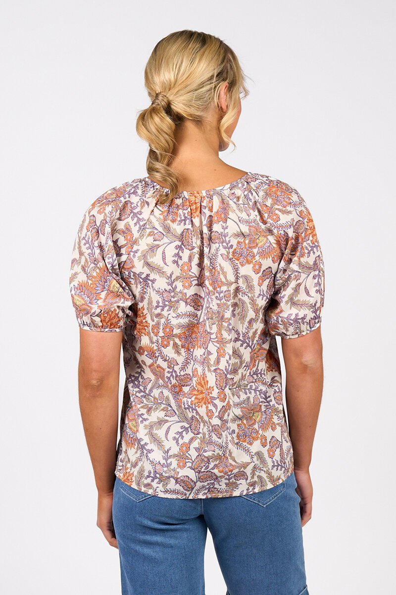 Printed V neck top with floaty sleeve tuscany