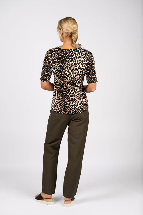 3/4 sleeve round neck knit top leopard