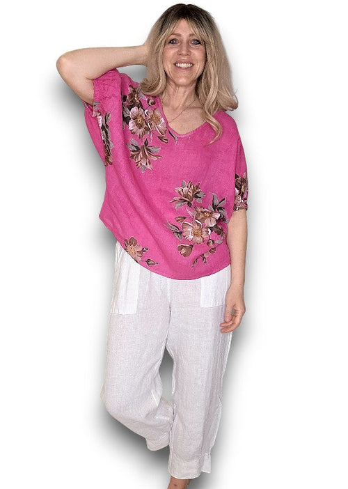 Spring blossom linen top hot pink